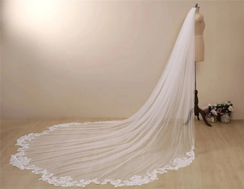 Cathedral Wave Lace Wedding Veil Tulle Ivory Bridal Hair Comb Accessory