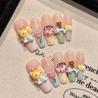 10 uñas postizas Kapibala hechas a mano, color rosa rubor, pintadas a mano, estilo francés, con lazos decorativos, uñas postizas para usar. 