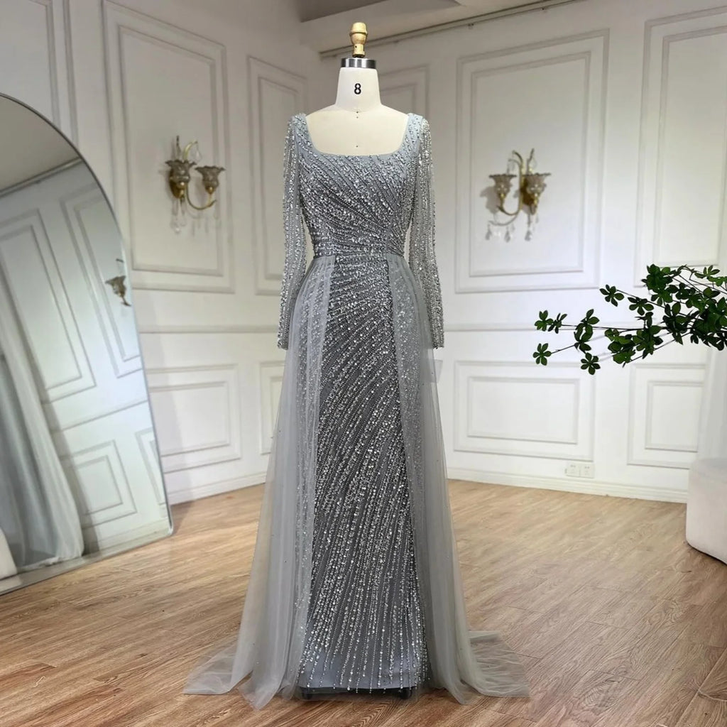 Custom Silver Beaded Mermaid Evening Dress Detachable Skirt Formal Gown Women