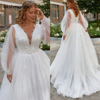 Lakshmigown Plus Size A Line Tulle Wedding Dress With Puff Sleeves V Neck