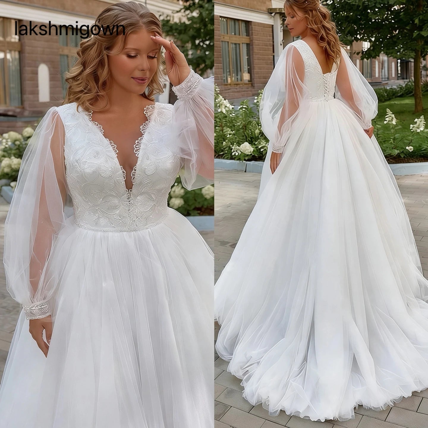 Lakshmigown Plus Size A Line Tulle Wedding Dress With Puff Sleeves V Neck