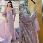 Custom Pink Mermaid Beaded Evening Dress For Women With Cape