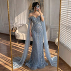 Serene Hill Dusty Blue Off Shoulder Beaded Mermaid Custom Evening Gown