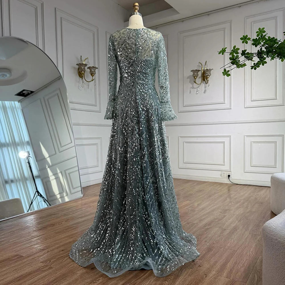 Turquoise Beaded A Line Evening Dress With Long Sleeves For Women Custom