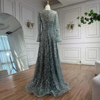 Turquoise Beaded A Line Evening Dress With Long Sleeves For Women Custom