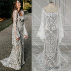Custom Boho Lace Wedding Dress Rustic Beach Square Neck Batwing Sleeves Gown