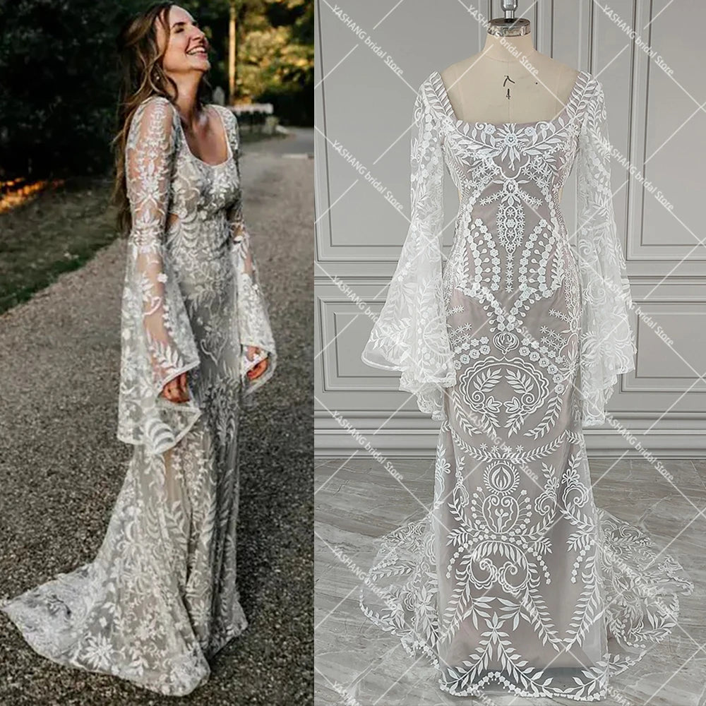 Custom Boho Lace Wedding Dress Rustic Beach Square Neck Batwing Sleeves Gown