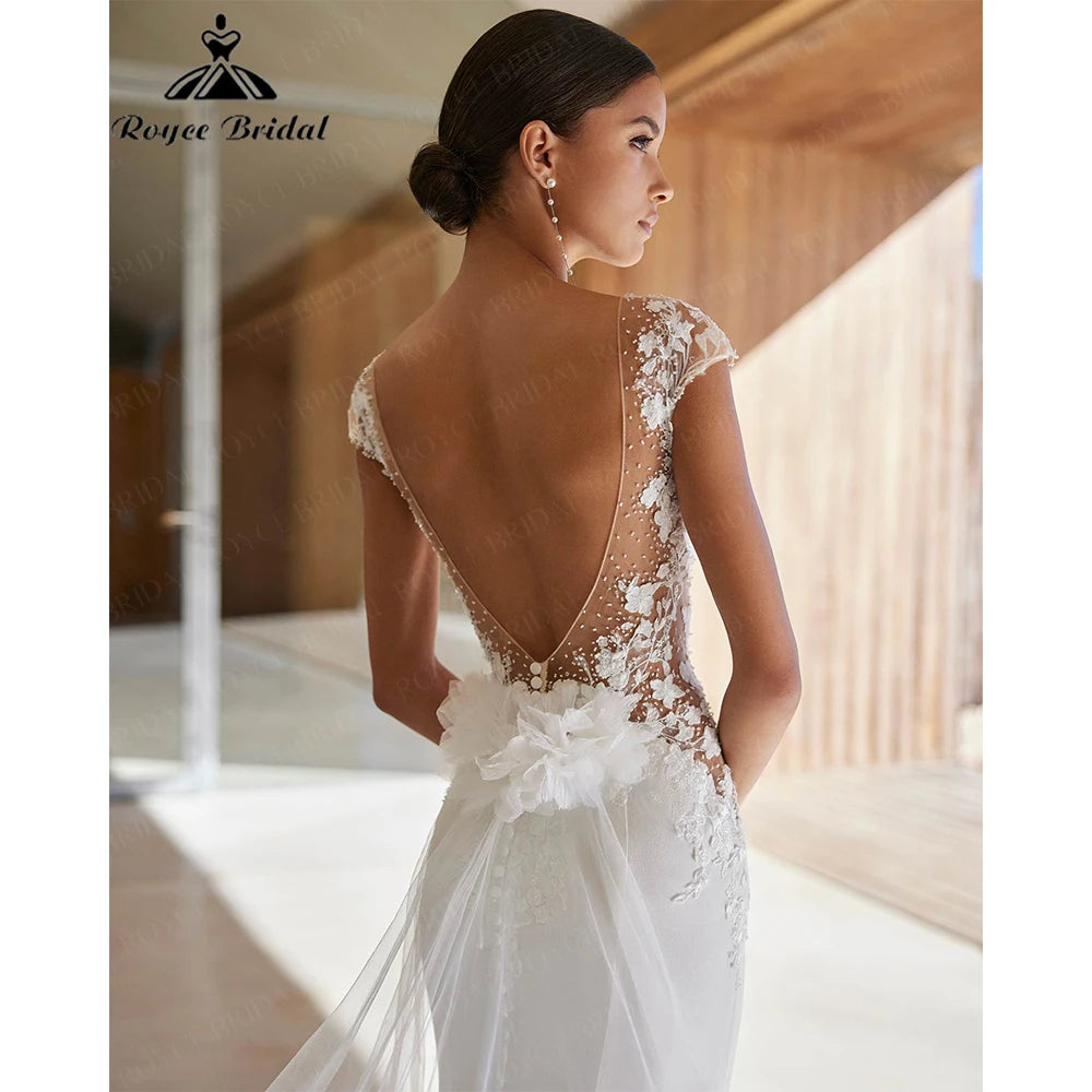RoyceBridal Cap Sleeve Lace Mermaid Wedding Dress Custom Bridal Gown