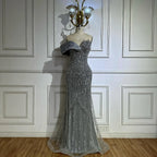 Custom Grey Mermaid One Shoulder Beaded Long Evening Gown