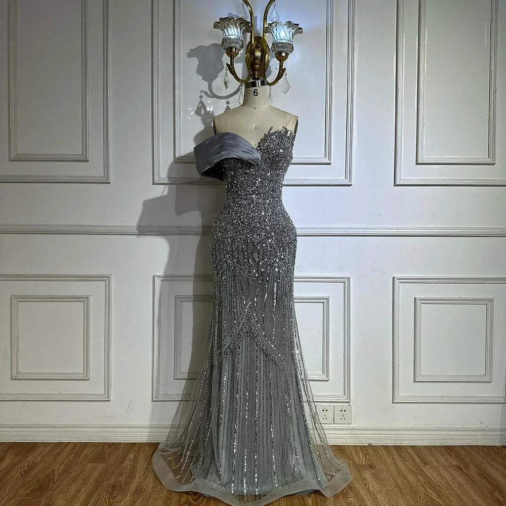 Custom Grey Mermaid One Shoulder Beaded Long Evening Gown