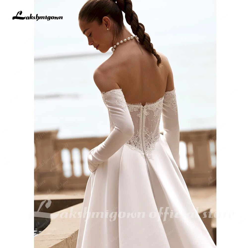 Lakshmigown Custom A Line Lace Satin Wedding Dress With Court Train