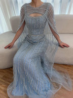 Luxury Blue Diamond Evening Dress With Cape LA73426