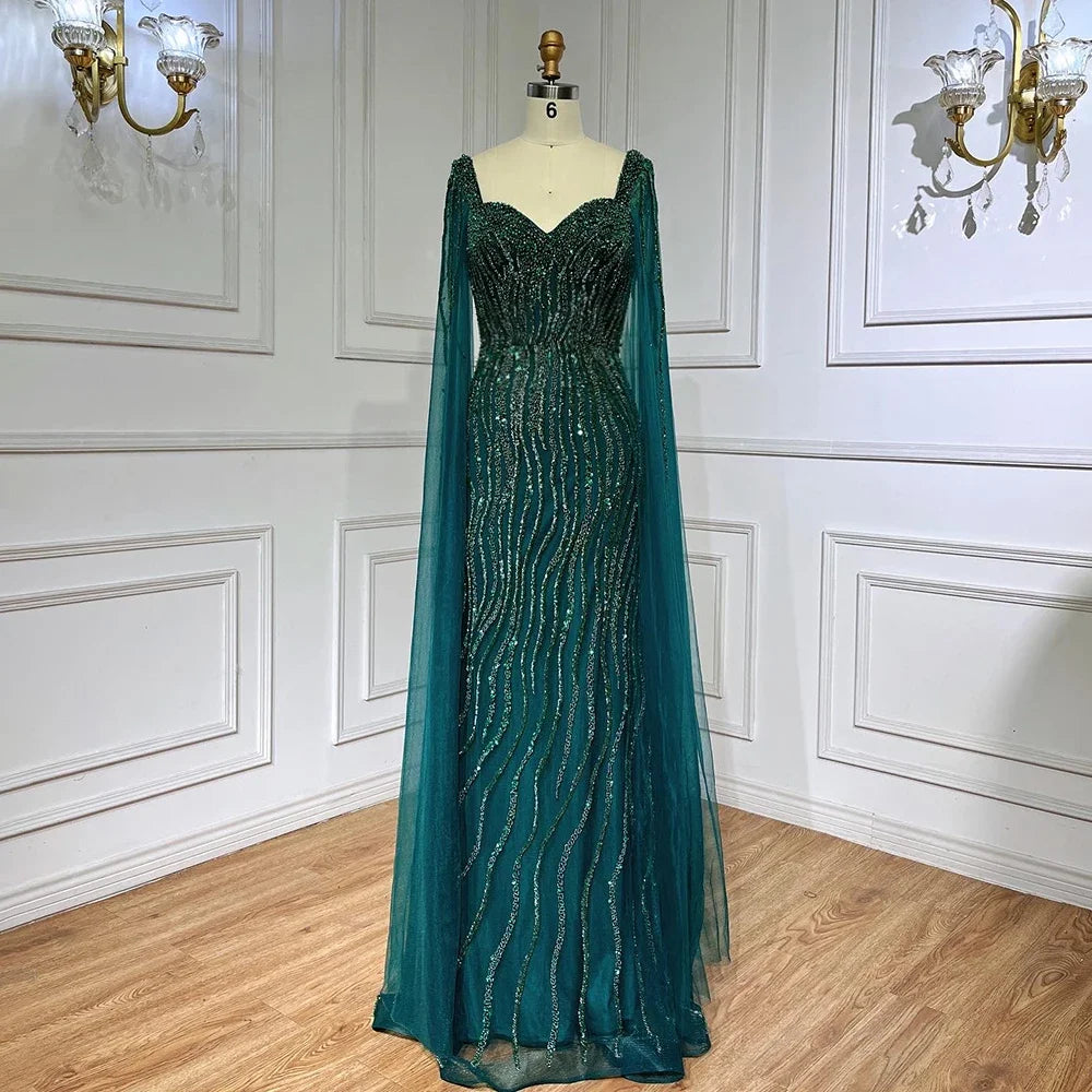 Blue Mermaid Beaded Evening Dress with Cape Sleeves Custom Wedding Gown