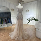 Luxury Nude Pink Crystal Tassel Mermaid Evening Dress LA72772
