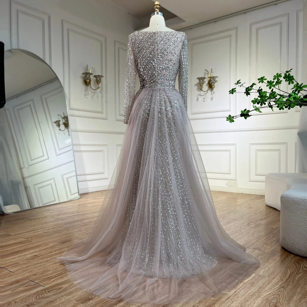Custom Silver Beaded Mermaid Evening Dress Detachable Skirt Formal Gown Women