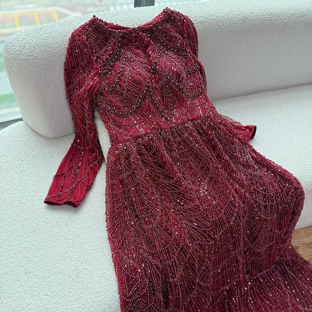 Wine Red Long Sleeve Muslim Evening Dress Beaded Pearl Plus Size Party Gown