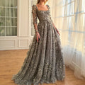 Gray Custom Lace Up Beaded Evening Dress With Appliques For Wedding