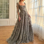 Gray Custom Lace Up Beaded Evening Dress With Appliques For Wedding