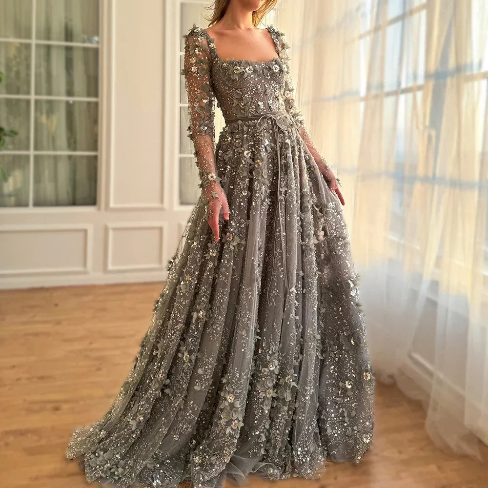 Gray Custom Lace Up Beaded Evening Dress With Appliques For Wedding