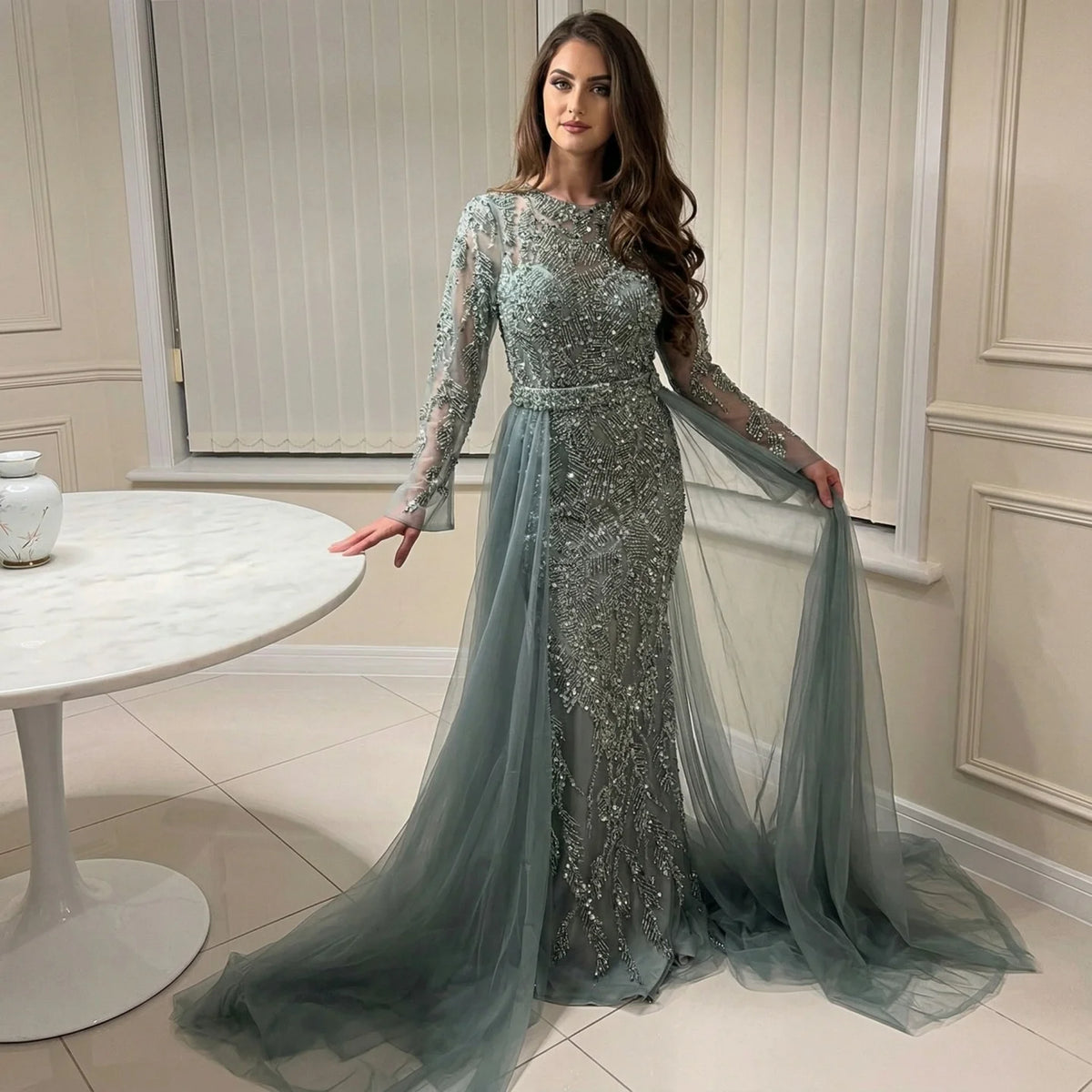 Serene Hill Turquoise Mermaid Beaded Evening Dress Custom Wedding Gown Women