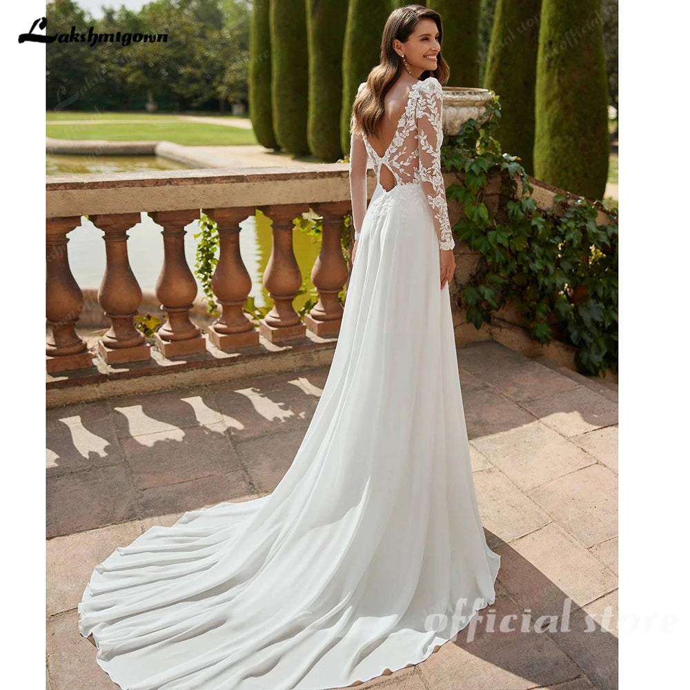 Lakshmigown Long Sleeve Boho Beach Wedding Dress Chiffon A Line Gown