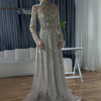 Serene Hill Caramel Long Sleeves Beaded Muslim Evening Gown For Women