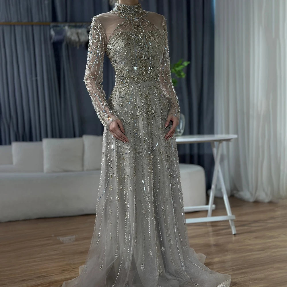 Serene Hill Caramel Long Sleeves Beaded Muslim Evening Gown For Women