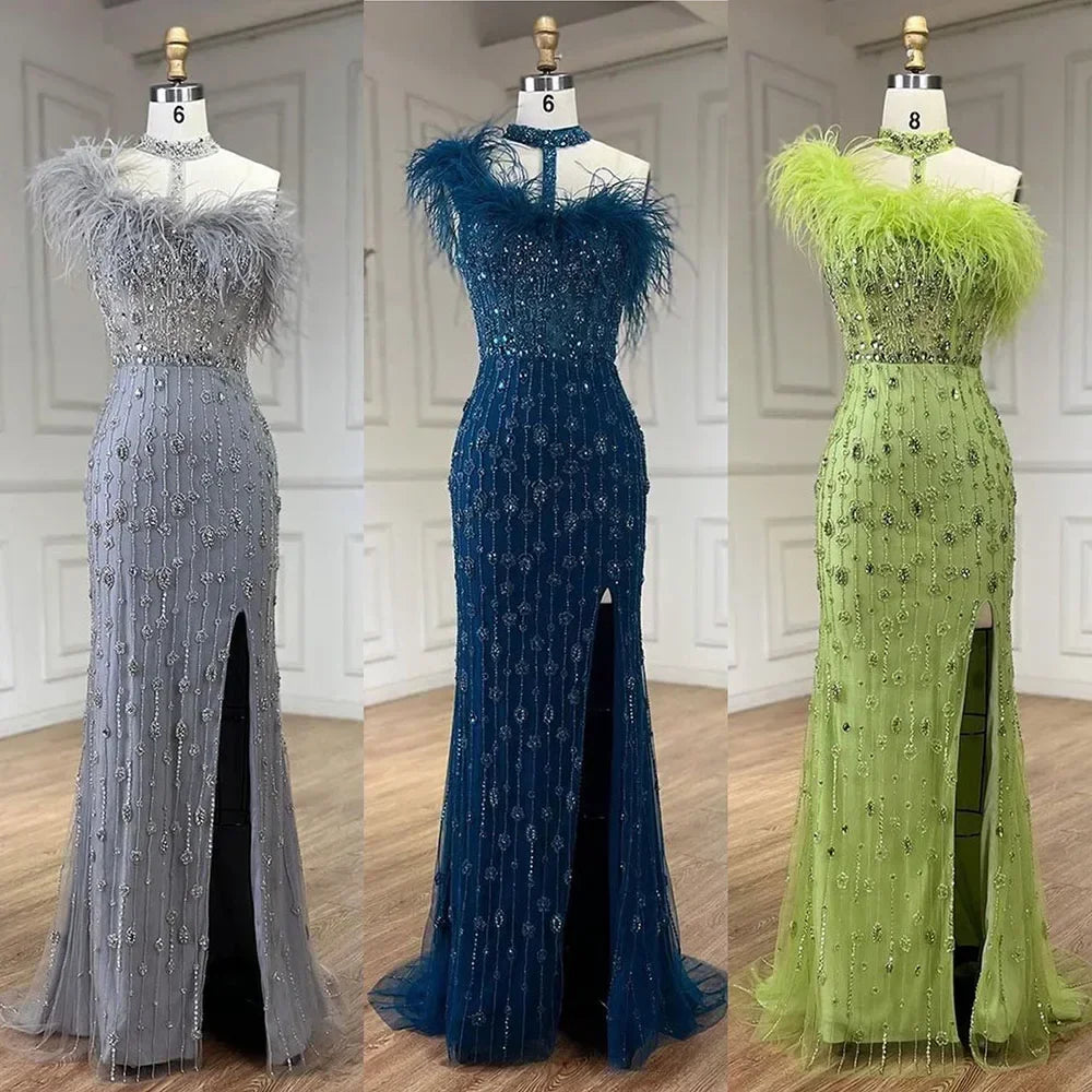Custom Gray Halter Neck Beaded Mermaid Evening Gown With Feathers