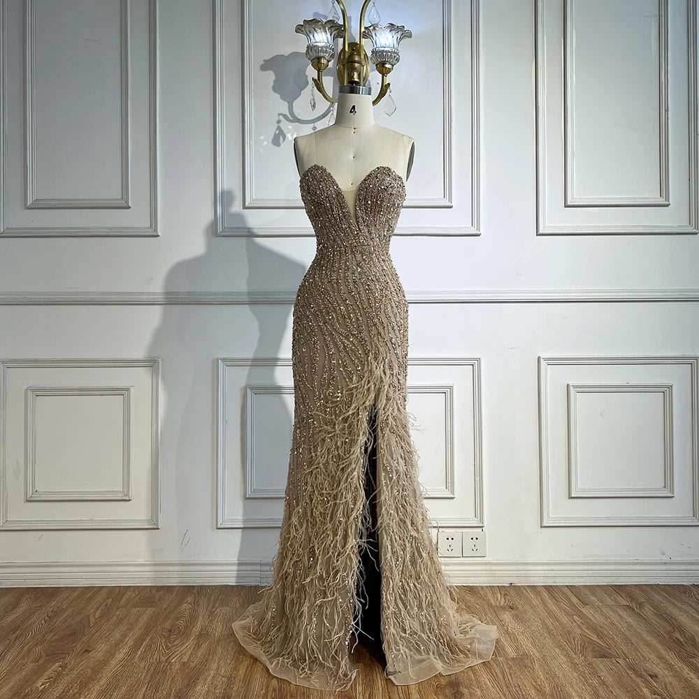 Serene Hill Custom Blue Strapless Evening Gown For Women With Beaded Feathers