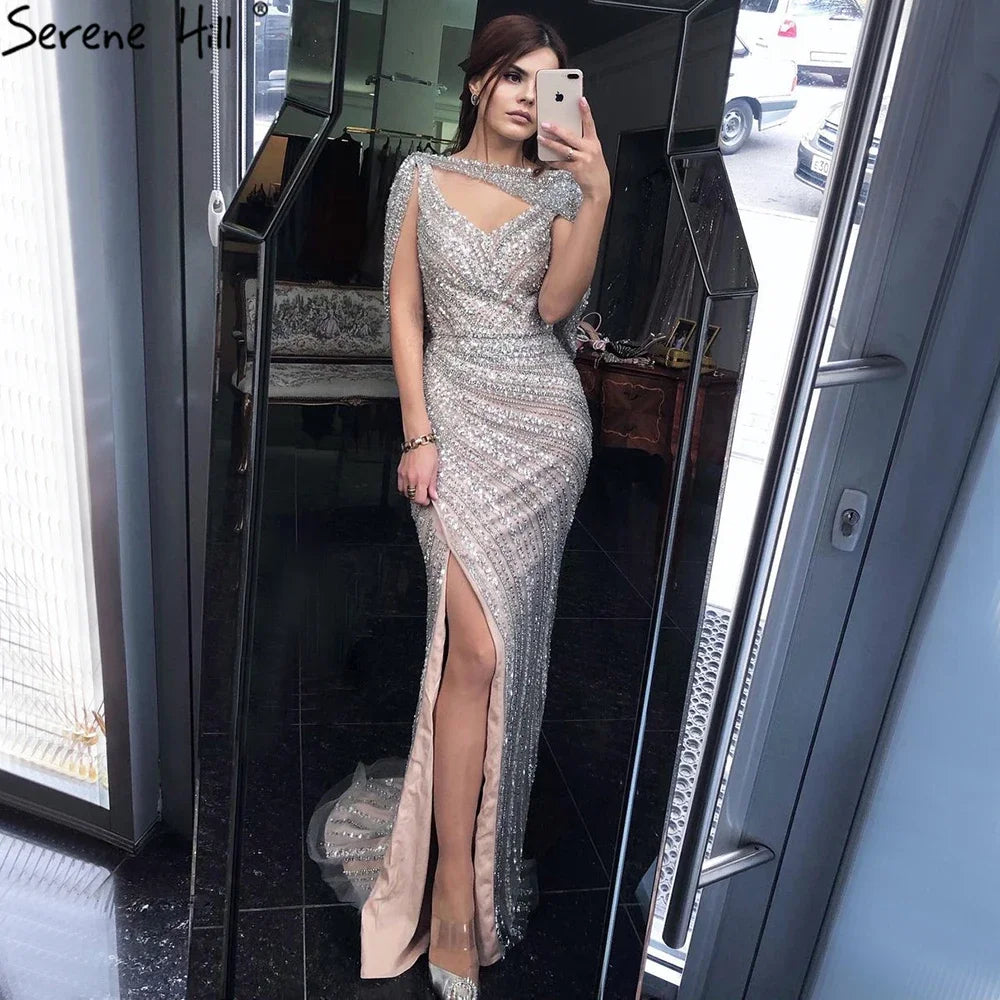Customized Silver Beaded Mermaid Evening Dress Wedding Gown For Women