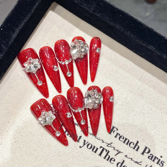 10 uñas postizas rojas hechas a mano, largas, estilo punk, con diseño de flores de diamante brillante Y2K, parches para uñas postizas. 