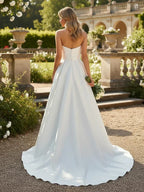 Strapless Satin Wedding Dress Corset Waist Sweep Train Custom Bridal Gown