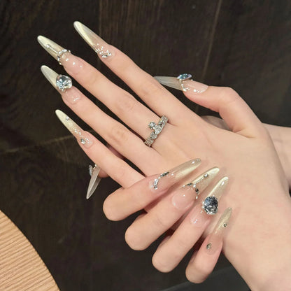 10 uñas postizas largas de ballet con purpurina, color champán, dorado, rubor francés, estilo ojo de gato, hechas a mano, con destellos de diamante. 