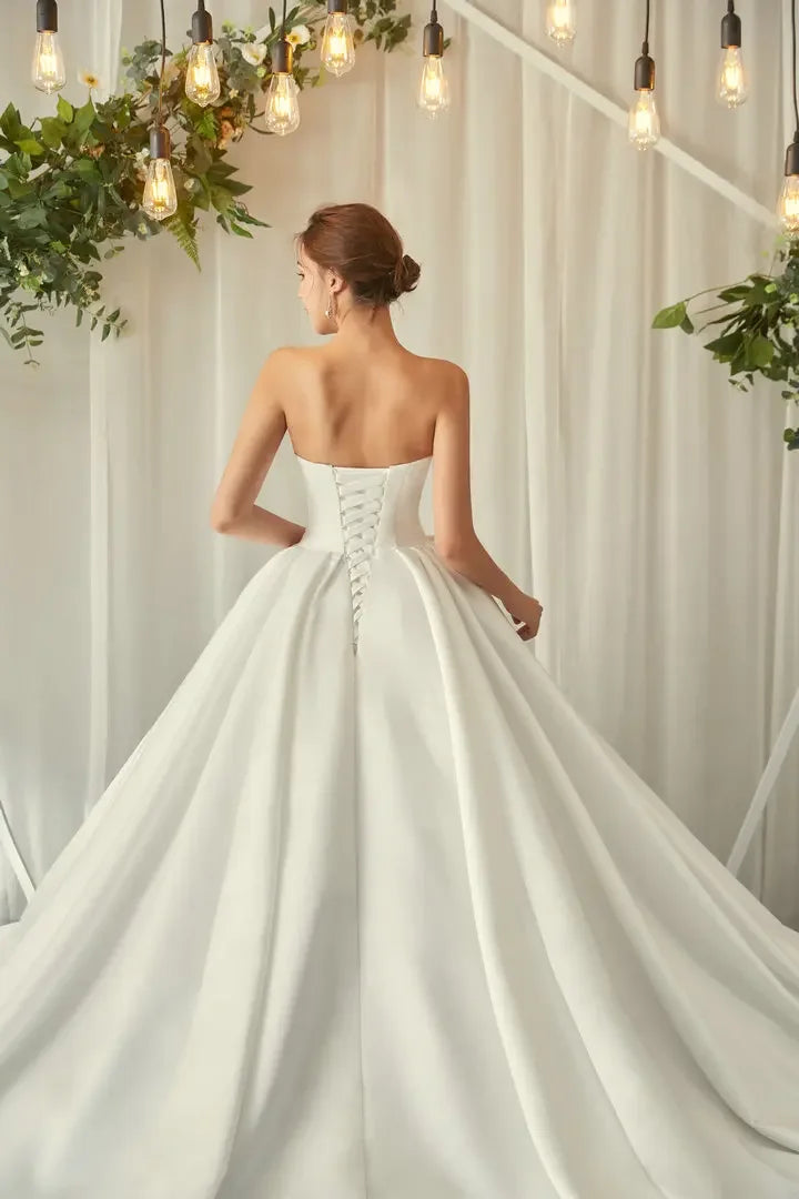 Custom Satin Strapless Wedding Dress Sweetheart Bow Pleat A Line Ball Gown
