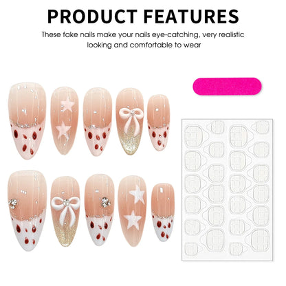 10 uñas postizas Y2k con lazo y estrellas, diseño de leopardo en rosa rubor, estilo francés, hechas a mano, con borde blanco y almendra. 