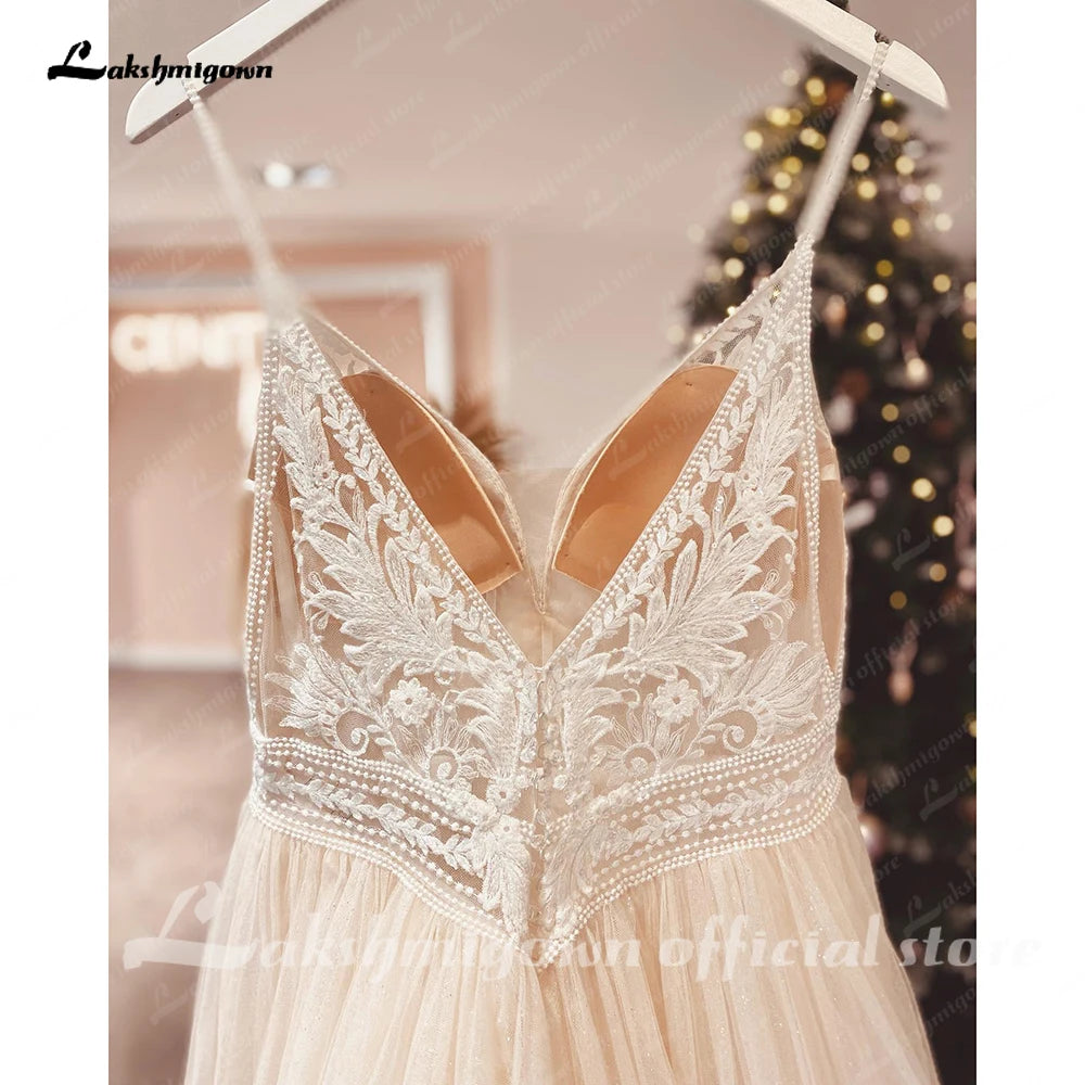 Custom Champagne Boho Wedding Dress For Women Spaghetti Strap Bridal Gown