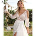 Illusion Off Shoulder Wedding Dress Side Split Long Sleeve Bridal Gown Custom