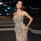 Luxury Nude Pink Crystal Tassel Mermaid Evening Dress LA72772