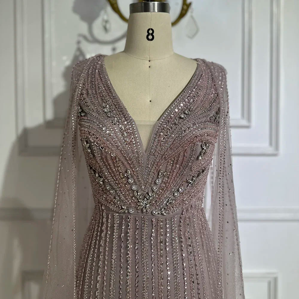 Serene Hill Custom Pink Cape Sleeve Mermaid Beaded Evening Gown For Women