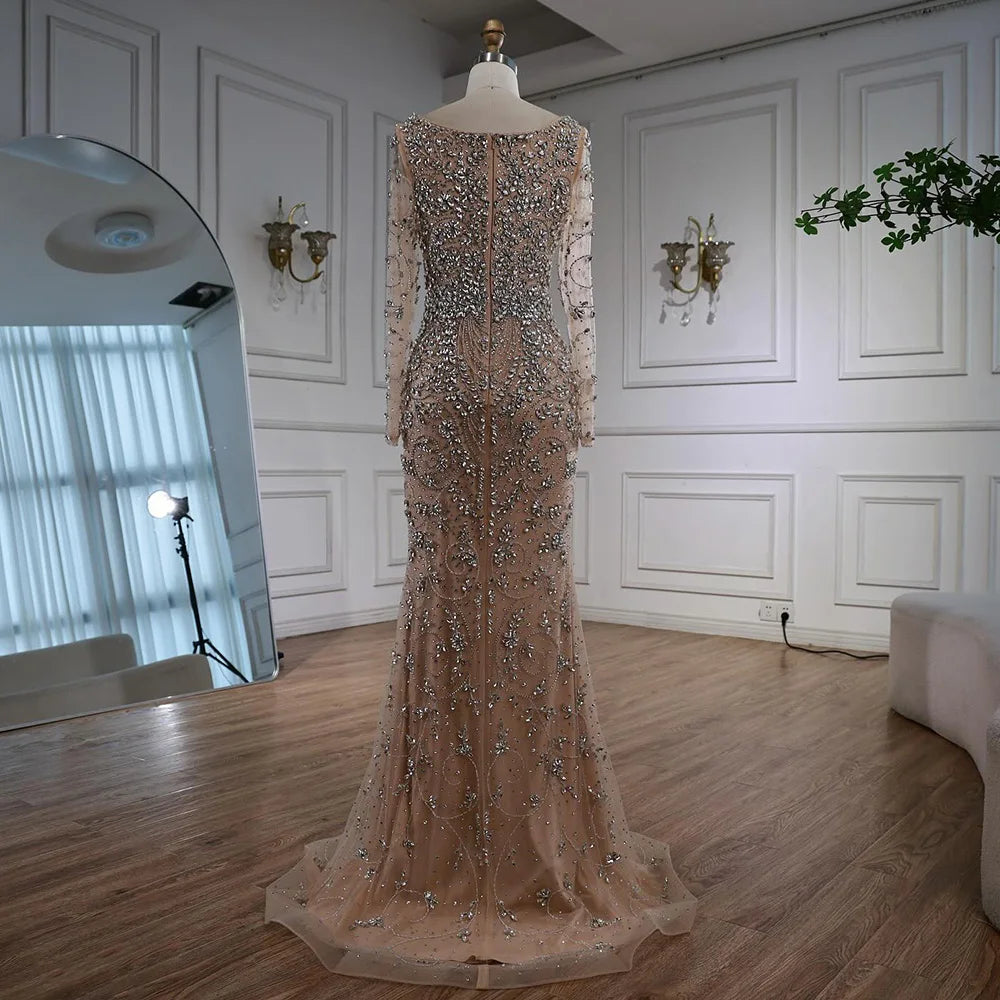 Serene Hill Turquoise Beaded Mermaid Long Sleeve Evening Gown