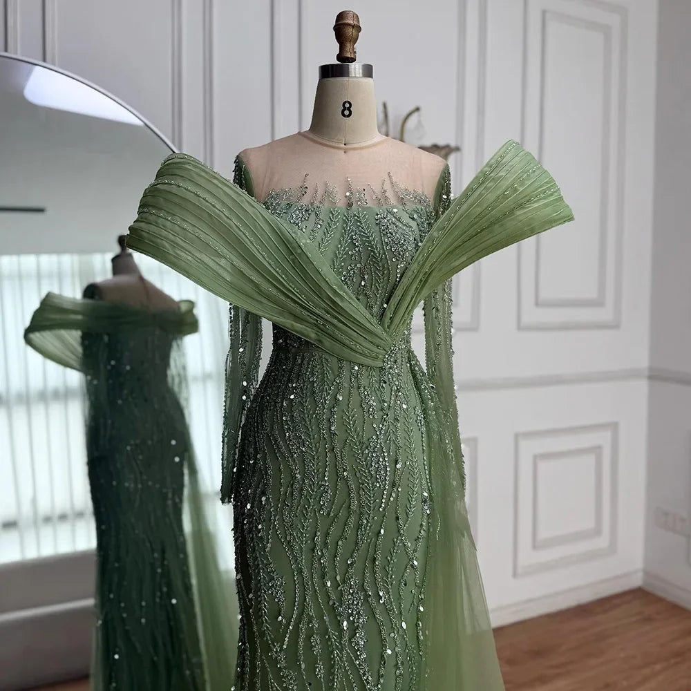 Pink Long Sleeve Mermaid Beaded Evening Dress For Women Customized Wedding Gown