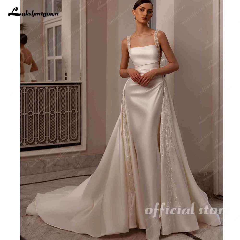 Customized Elegant Satin Square Collar Mermaid Wedding Dress With Beaded Lace