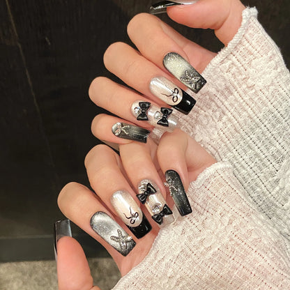 10pcs Black French Handmade Fake Nails Y2k Black Bowknots Butterfly Diamond Press On Nail Glossy Cat Eye Sweet Cool False Nails