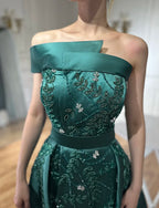 Serene Hill Custom Green One Shoulder Satin Evening Gown Overskirt Split Dress