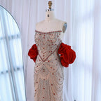 Luxury Pearl Beaded Evening Dress Elegant Puff Sleeves Custom Gown