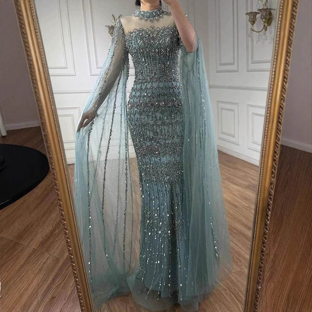 Blue Beaded Evening Dress With Cape Sleeves Custom Formal Gown For Women