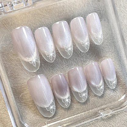 10 uñas postizas de almendra hechas a mano, con diseño de ojo de gato, color blanco, estilo francés, desmontables, para mujer. 