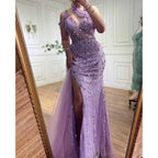 Lilac Halter Mermaid Beaded Formal Evening Dress For Women