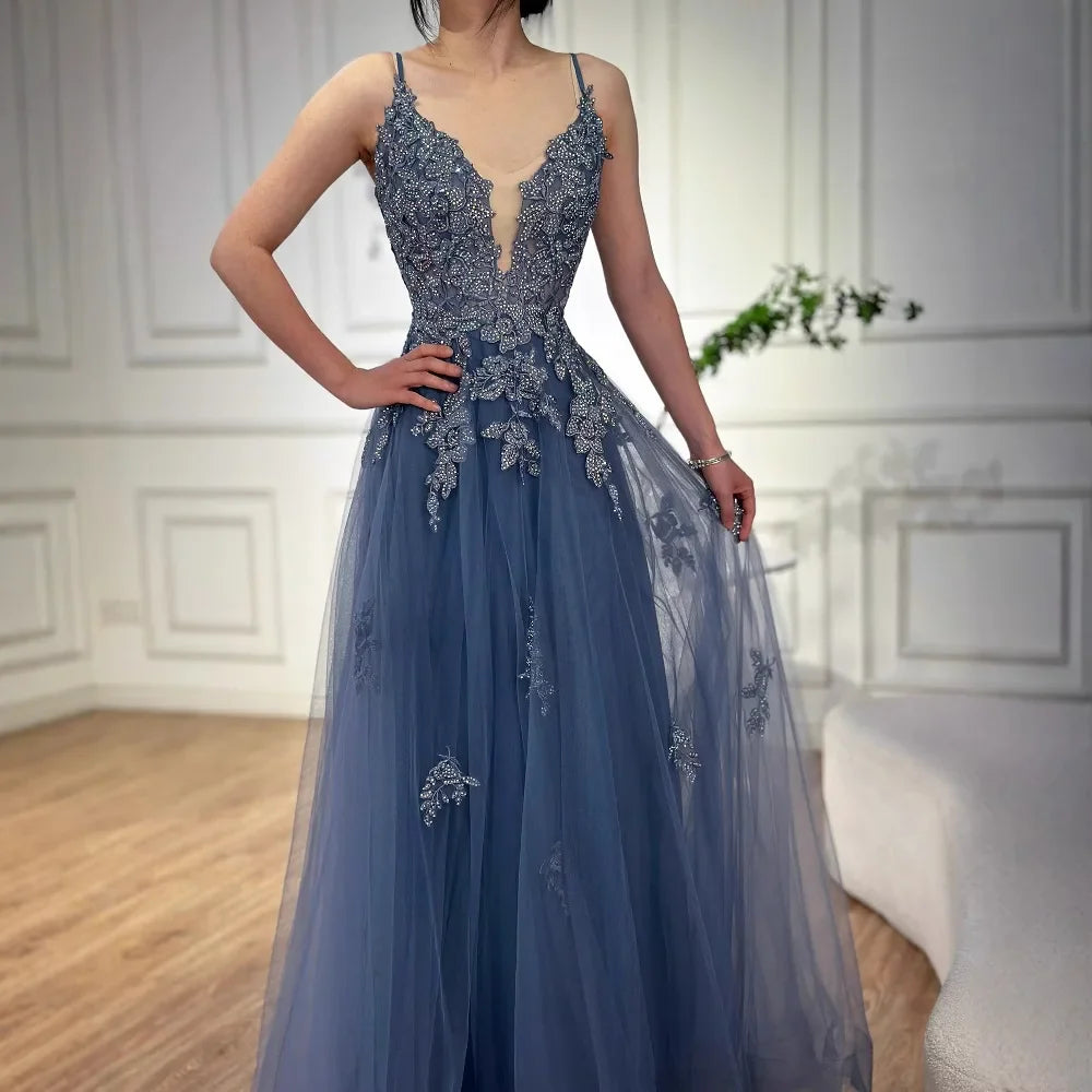 Luxury Sage Green Lace A-Line Prom Dress with Spaghetti Straps LA73005