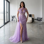 Lilac Halter Mermaid Beaded Formal Evening Dress For Women
